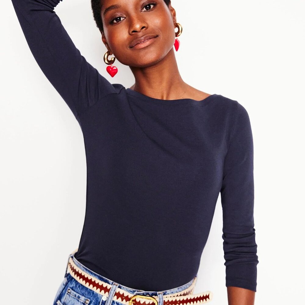 Boden Essential Boat-Neck Jersey Top Small Navy Blue Stretchy Pullover Spring
